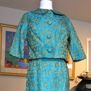 Vtg. 1960's Turquoise Brocade Evening Gown & Jacket Ensemble
